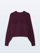 A dark plum purple knit sweater with fringe detailing across the chest and along the sleeves, displayed against a light gray background.