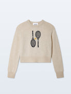 Beige sweater with tennis racket design on a white background
