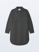 A dark gray wool-blend shirt jacket with a collar, front button closure, and two chest flap pockets, shown flat against a light gray background.