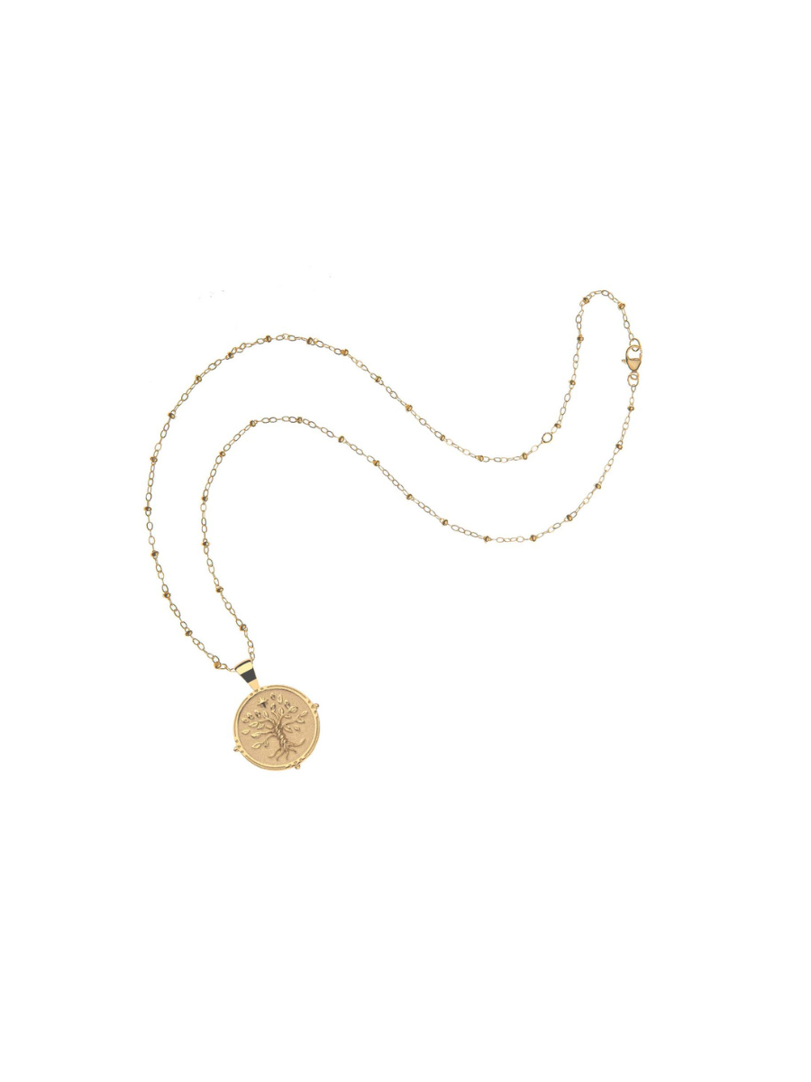 Gold necklace with a round pendant on a white background