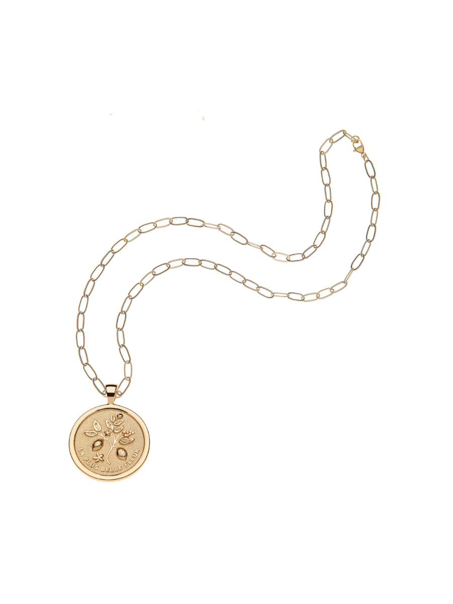 Gold necklace with a round pendant on a white background