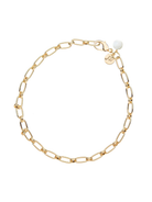 Gold chain bracelet with a pearl on a white background