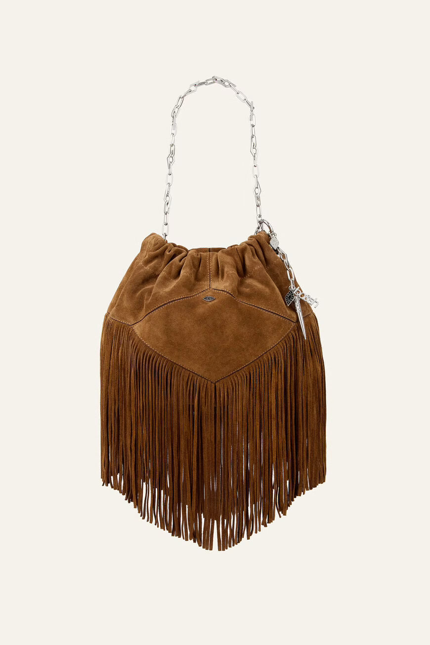 Brown suede handbag with fringes on a white background