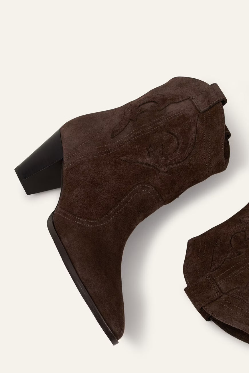 Brown suede ankle boots on a white background