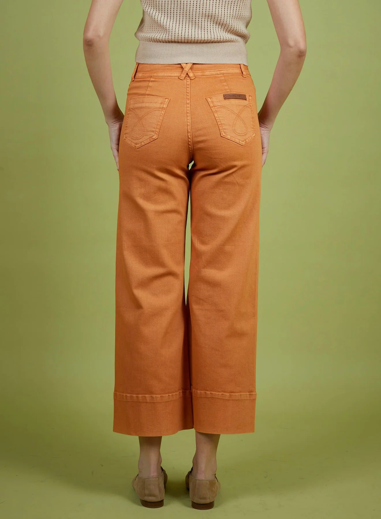 Person wearing orange wide-leg pants on a green background