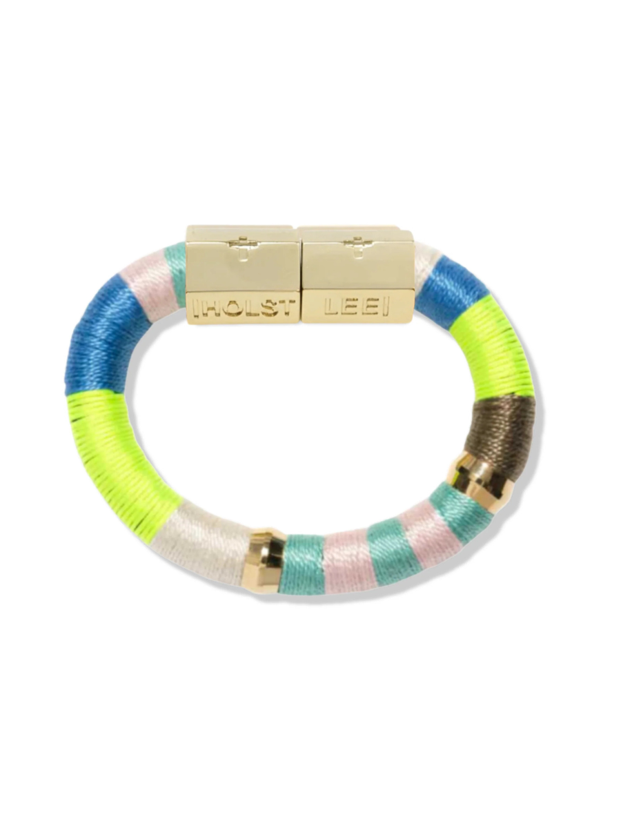 Colorful bracelet with a gold clasp on a white background