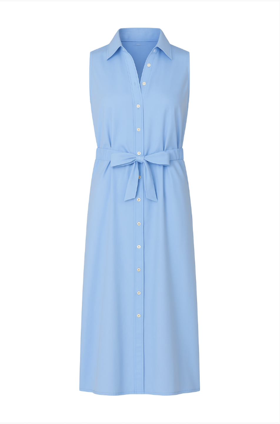 Light blue sleeveless dress with a belt on a white background