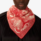 Person wearing a red and white patterned scarf on a black background