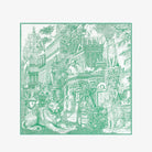 Detailed illustration of a fantasy landscape with architecture and creatures in green on a white scarf