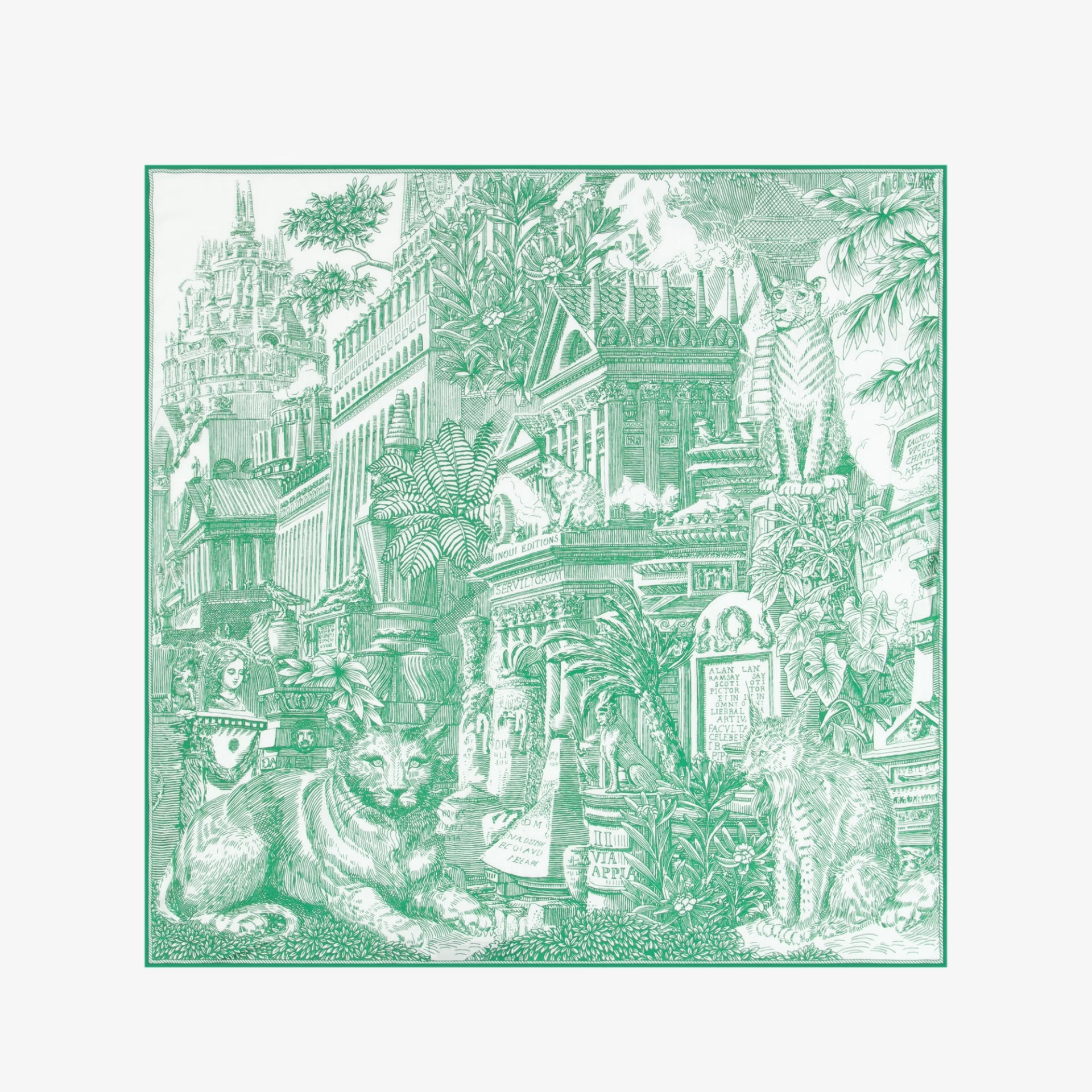 Detailed illustration of a fantasy landscape with architecture and creatures in green on a white scarf