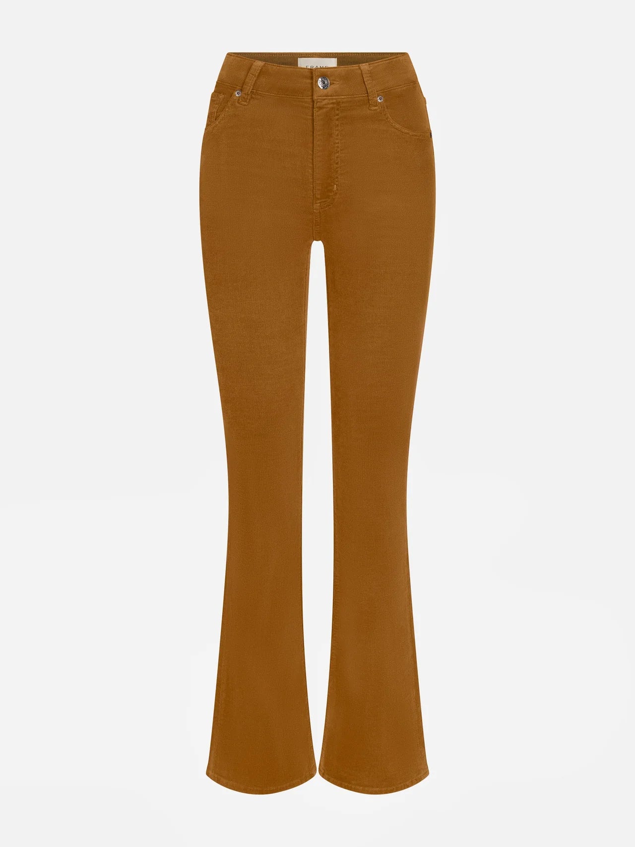 A pair of high-waisted, straight-leg flared jeans in a warm camel brown color, shown against a plain light gray background.