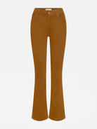 A pair of high-waisted, straight-leg flared jeans in a warm camel brown color, shown against a plain light gray background.