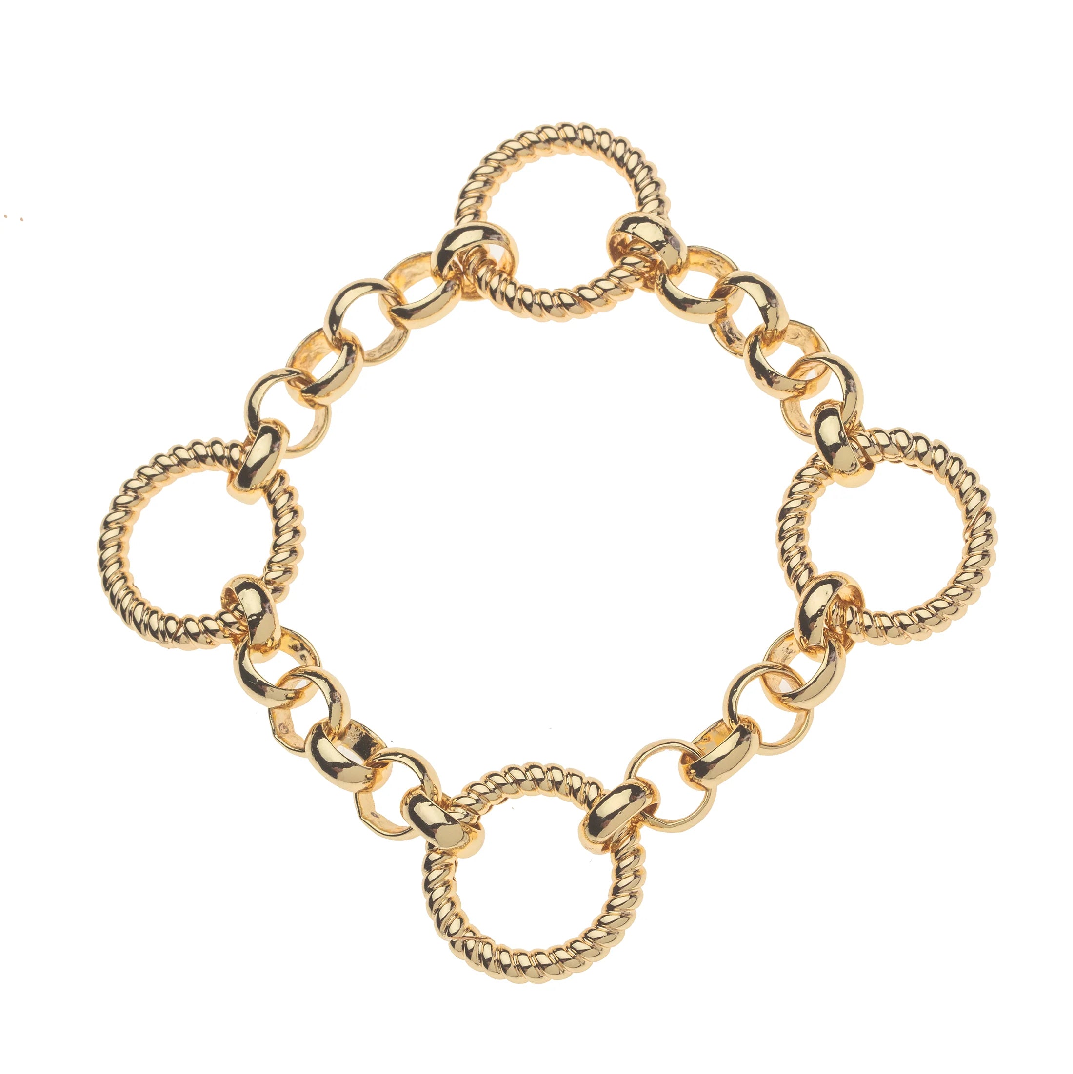 A gold chain bracelet featuring alternating smooth oval links and textured rope-style circular links, displayed on a clean white background.