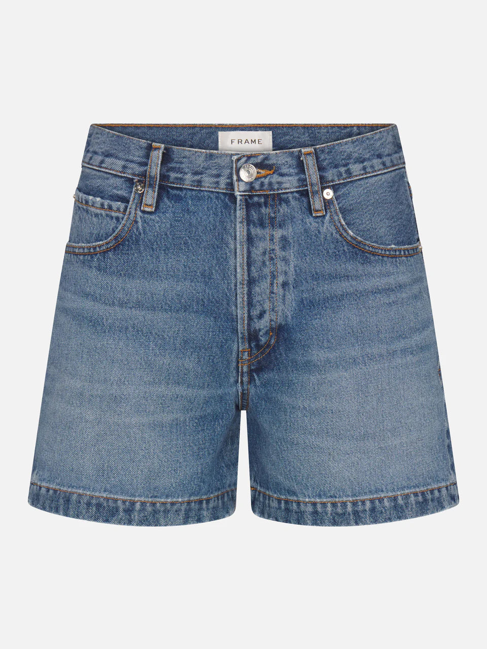 Blue denim shorts on a white background