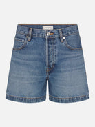 Blue denim shorts on a white background