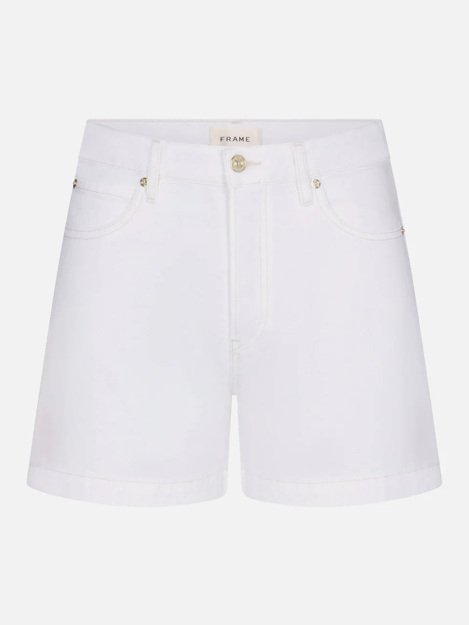 White denim shorts on a white background with 'FRAME' branding.