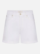 White denim shorts on a white background with 'FRAME' branding.