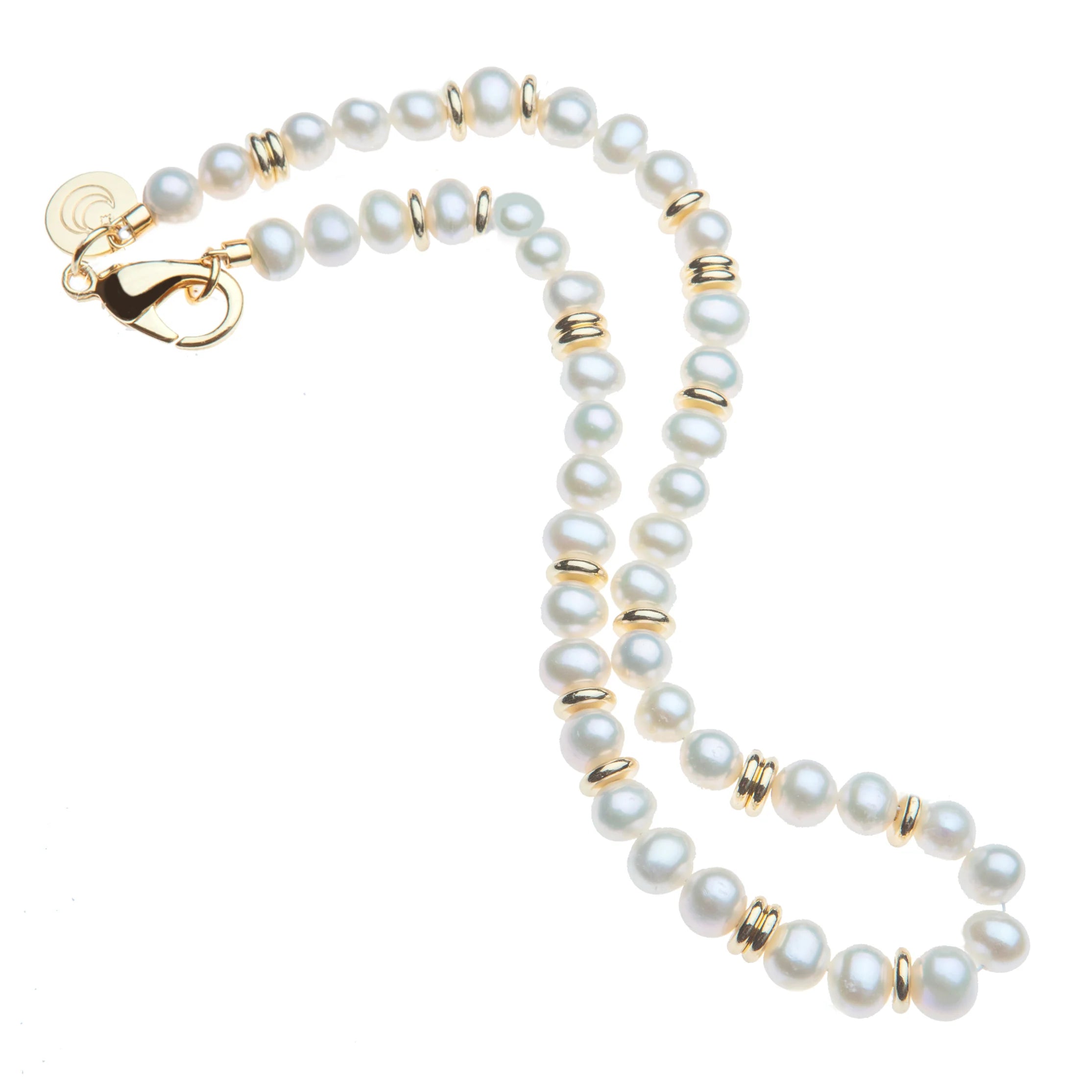 Pearl necklace with gold clasp on a white background