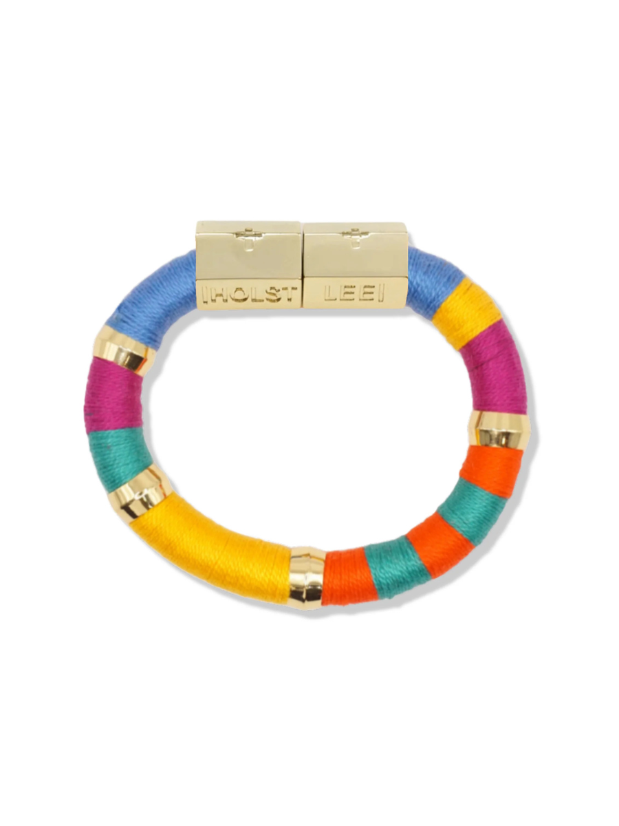 Colorful bracelet with a gold clasp on a white background