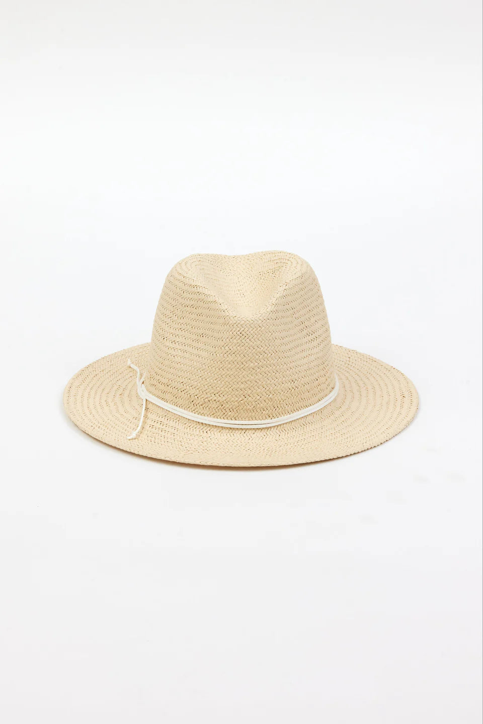 Beige straw hat with a white band on a white background