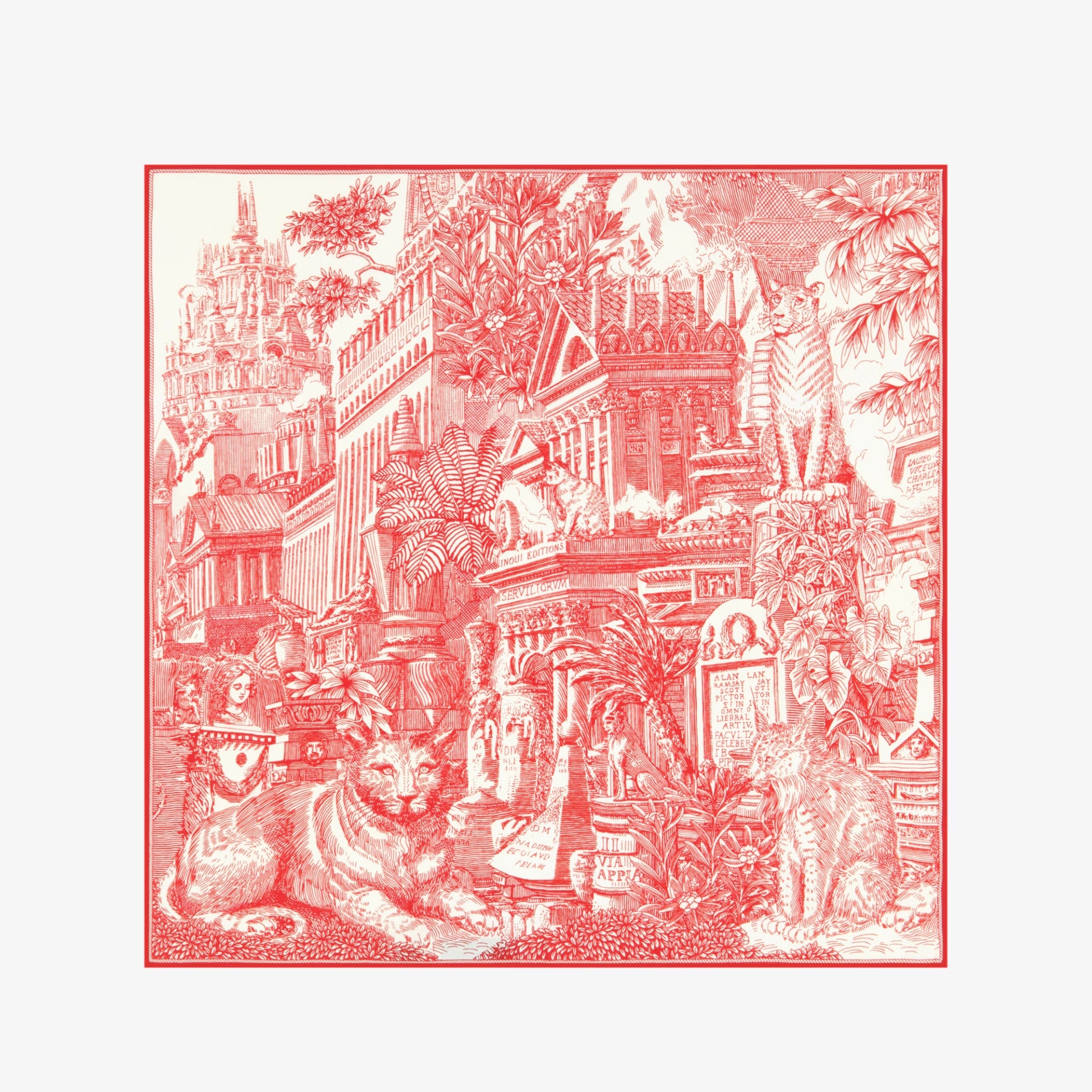 Decorative red and white pattern with architectural elements and animals on a white scarf