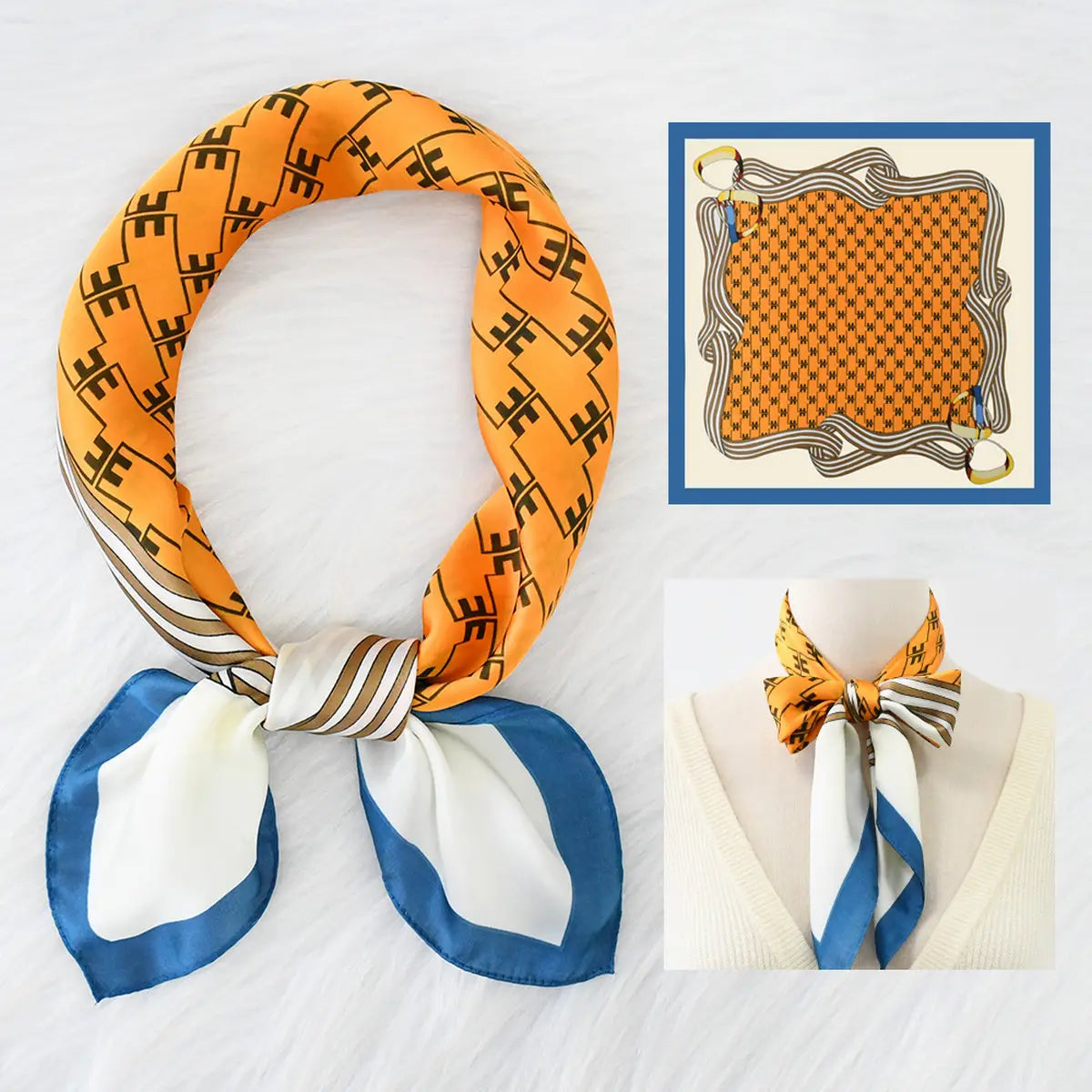 Orange patterned scarf with blue and white accents, displayed on a mannequin and against a white background.