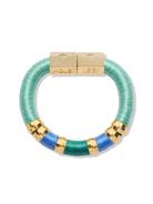 Bracelet with gold accents and a mix of green and blue colors on a white background