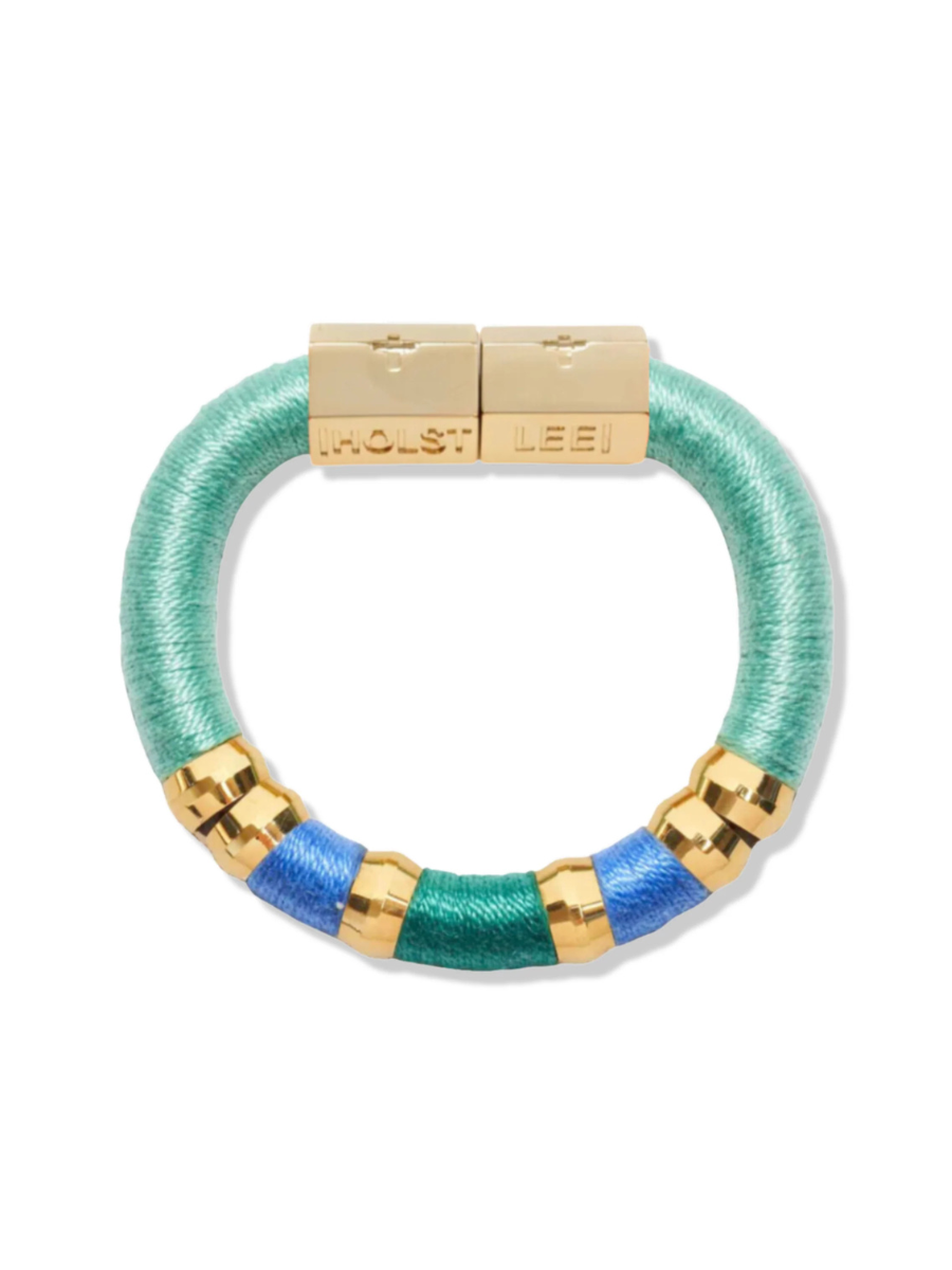 Bracelet with gold accents and a mix of green and blue colors on a white background