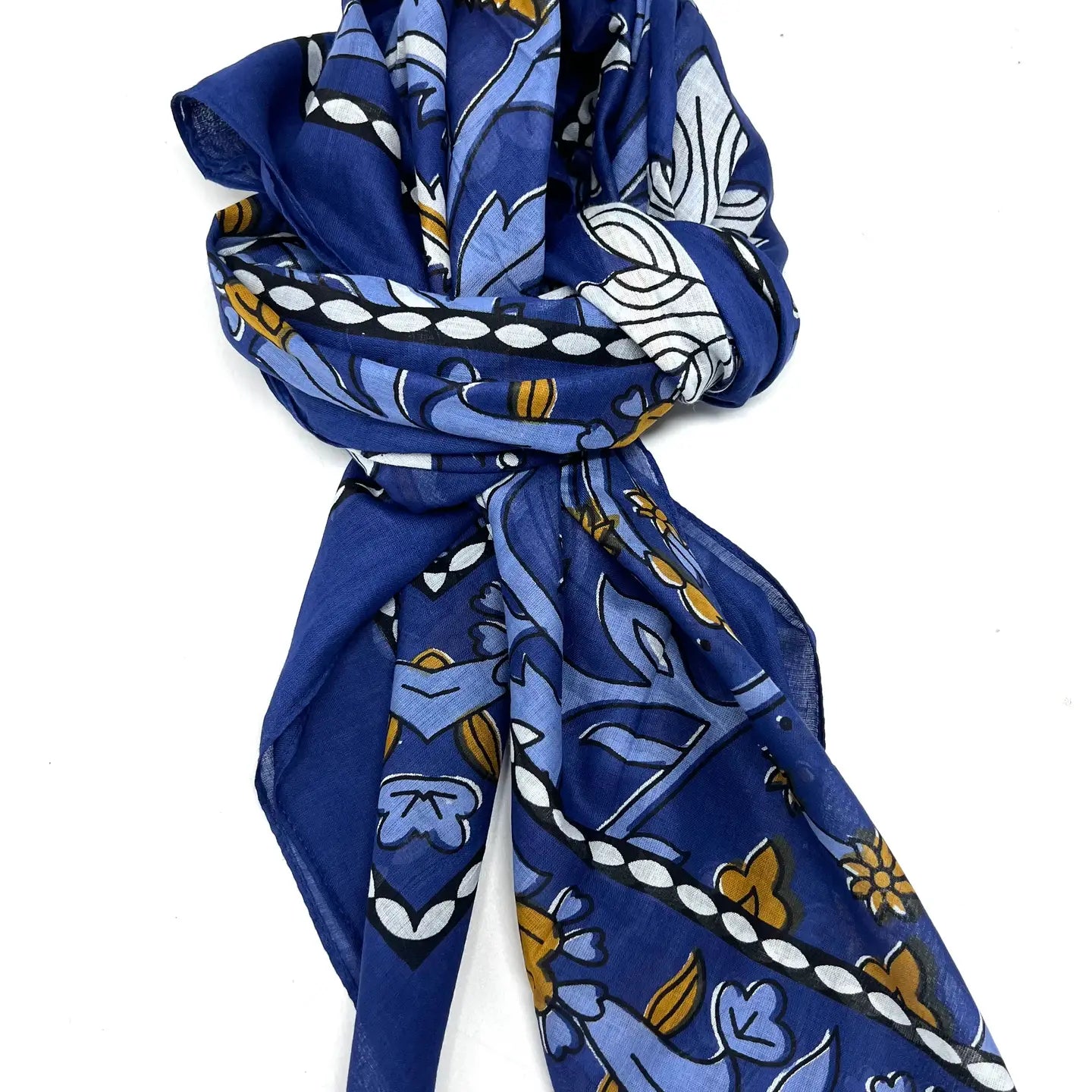 Blue patterned scarf on a white background