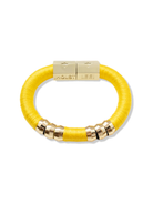 Yellow bracelet with gold accents on a white background