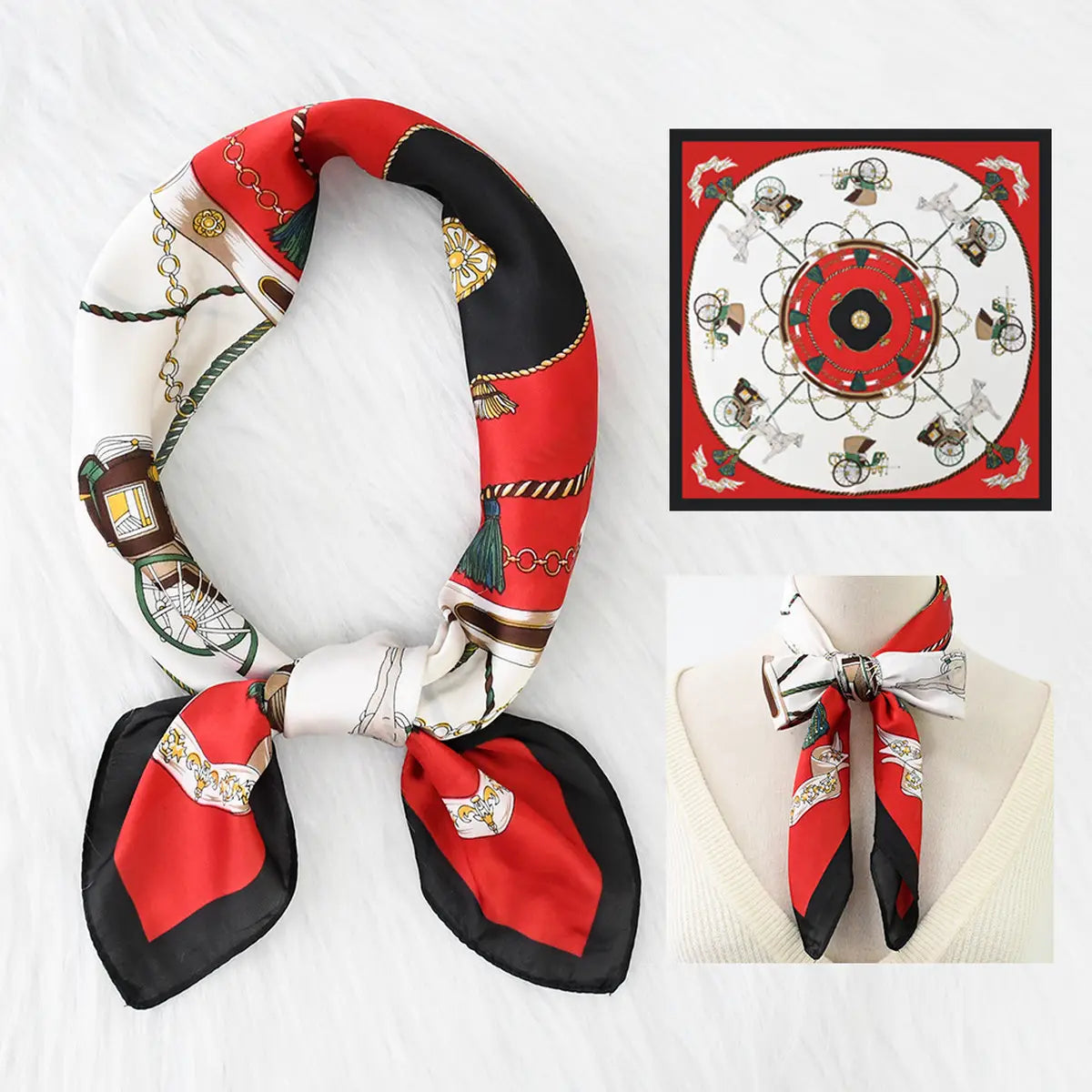 Red, black, and white patterned scarf with decorative elements on a white background