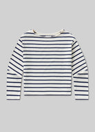 Navy and white striped long-sleeve shirt on a gray background