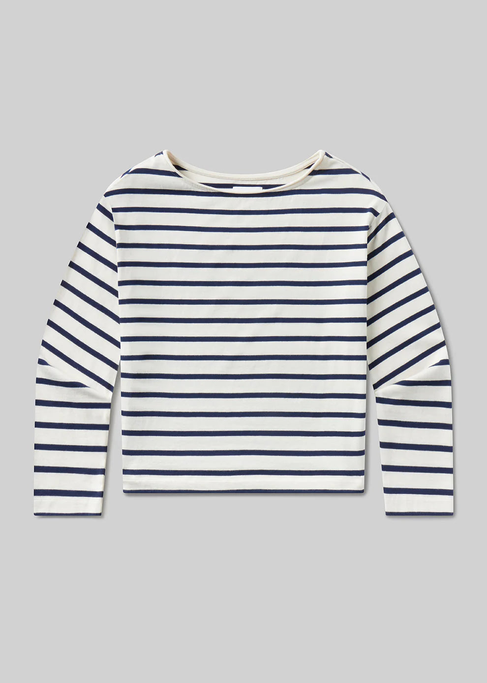 Navy and white striped long-sleeve shirt on a gray background