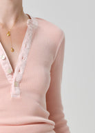 Close-up of a pink ribbed sweater with lace trim on a plain background