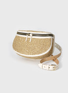 Gold woven belt bag on a light gray background