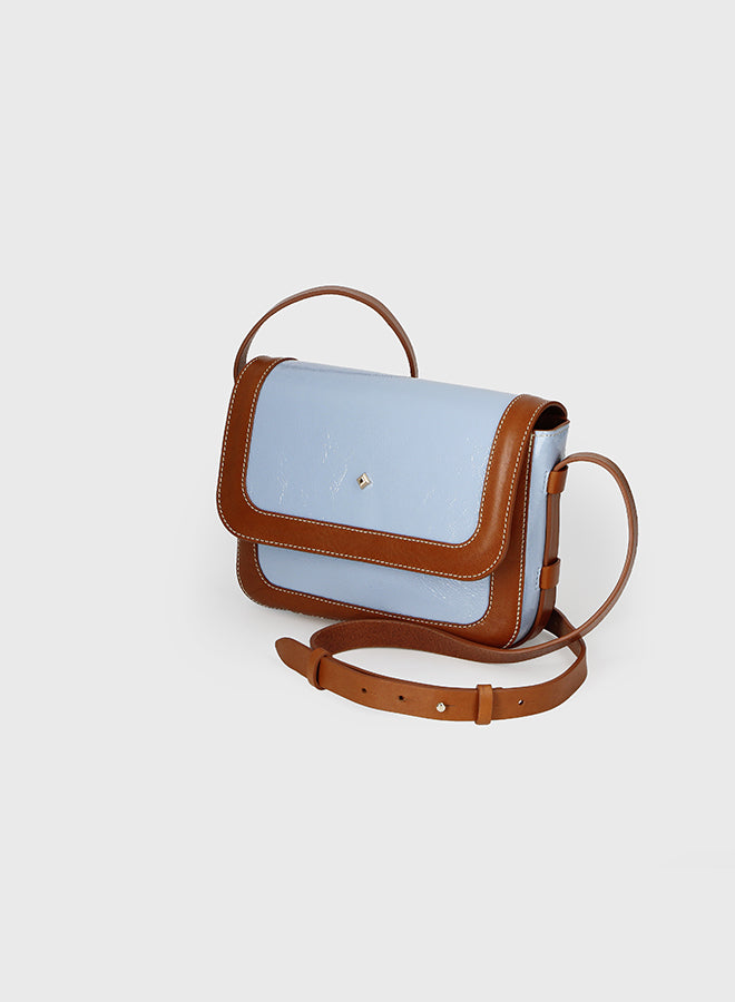 Blue and brown handbag on a light gray background