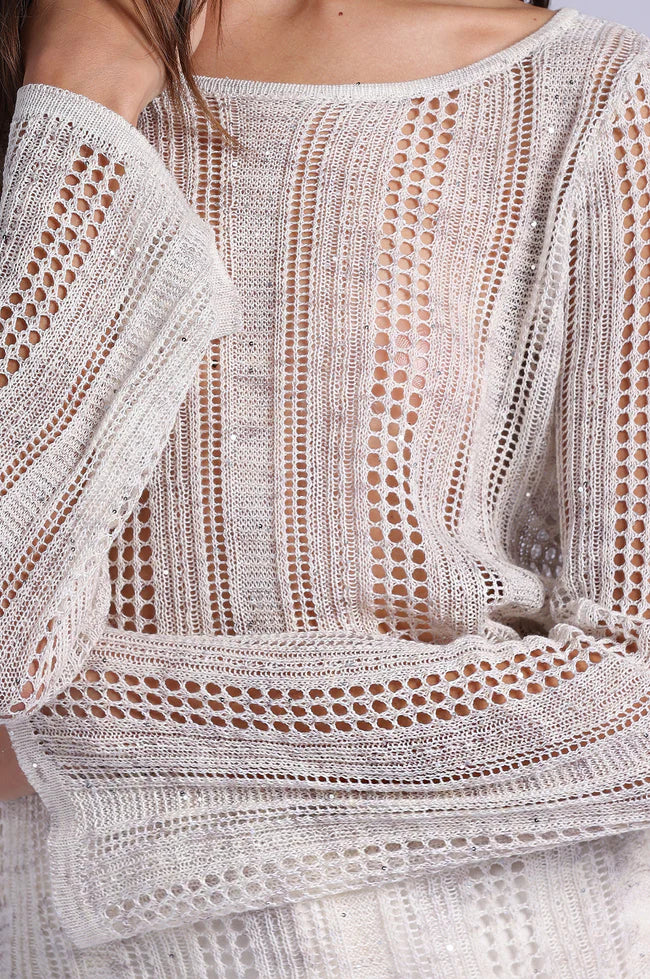 Close-up of a textured off-shoulder top with intricate patterns.