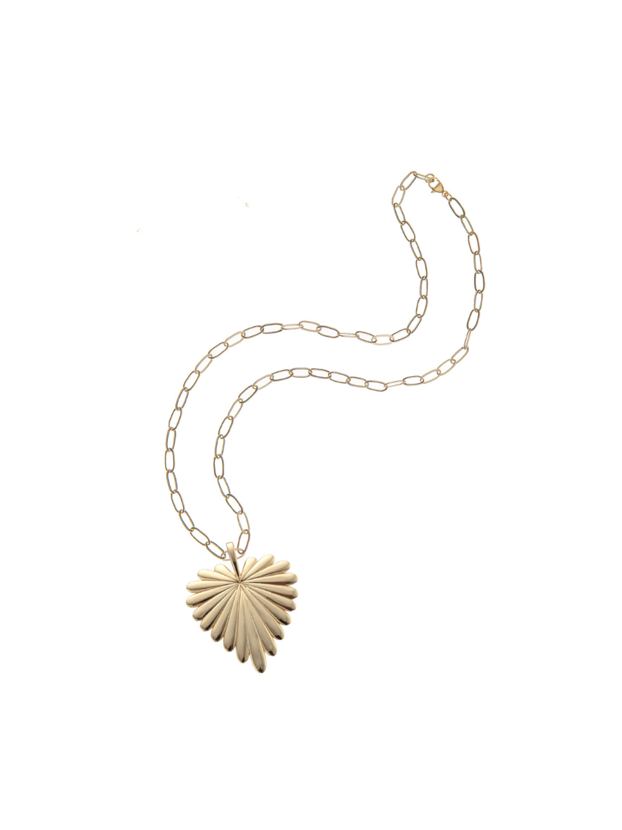 Gold necklace with a heart-shaped pendant on a white background