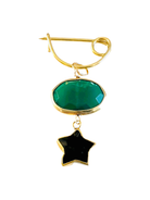 Gold brooch with green and black stone on a white background