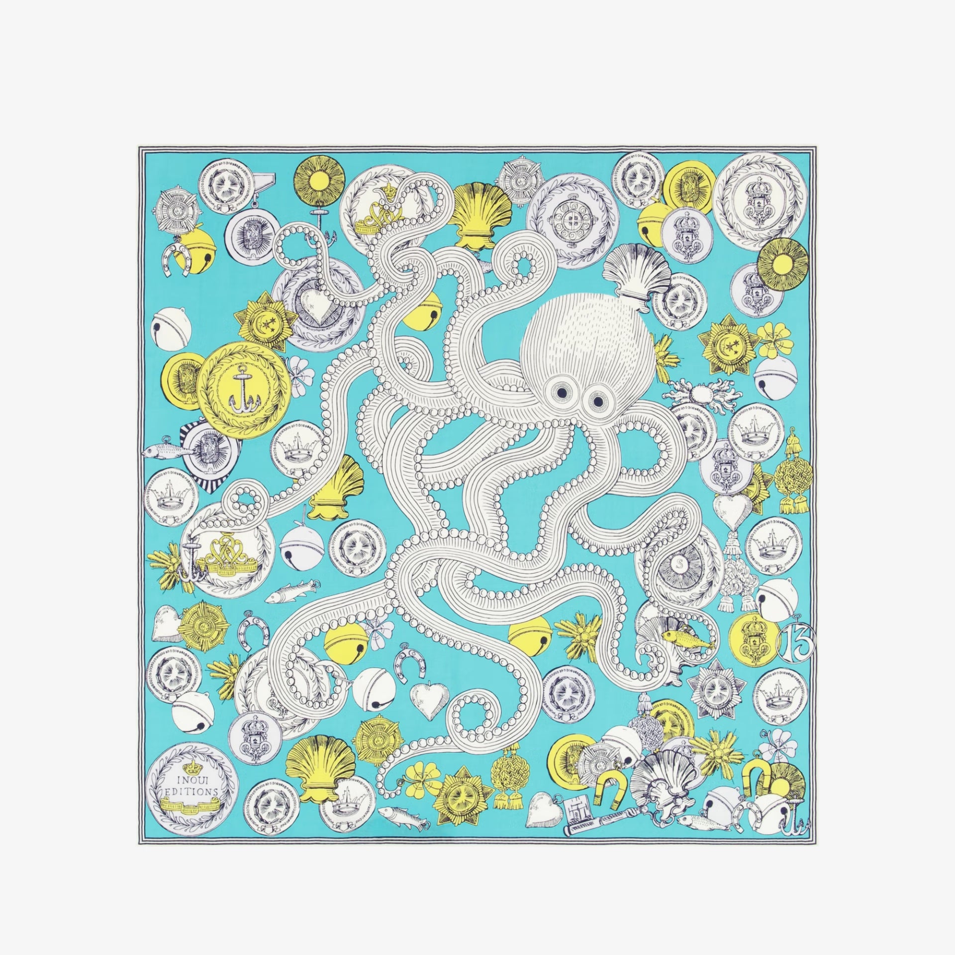 Decorative scarf with an octopus design on a blue scarf