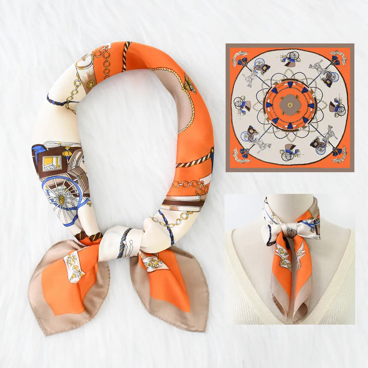 Orange and beige patterned scarf displayed on a mannequin and against a white background.