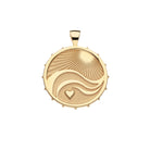 A gold pendant featuring a sunburst, flowing wave lines, and a small heart, shown on a plain white background.