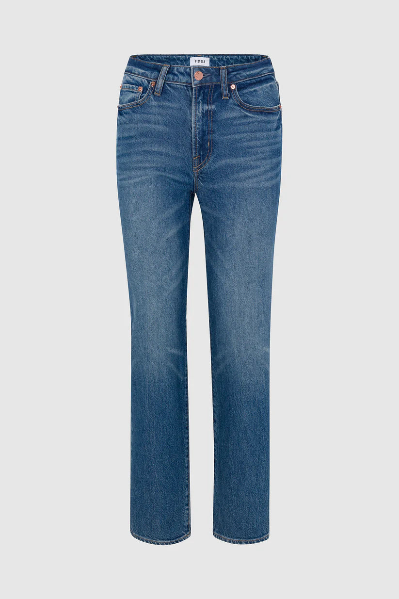 A pair of medium wash blue denim jeans with a straight-leg fit, shown flat against a light gray background.
