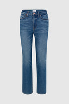 A pair of medium wash blue denim jeans with a straight-leg fit, shown flat against a light gray background.