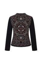 A long-sleeve knit top with solid black sleeves and a highly detailed, multicolored mandala pattern across the body, shown against a plain white background.