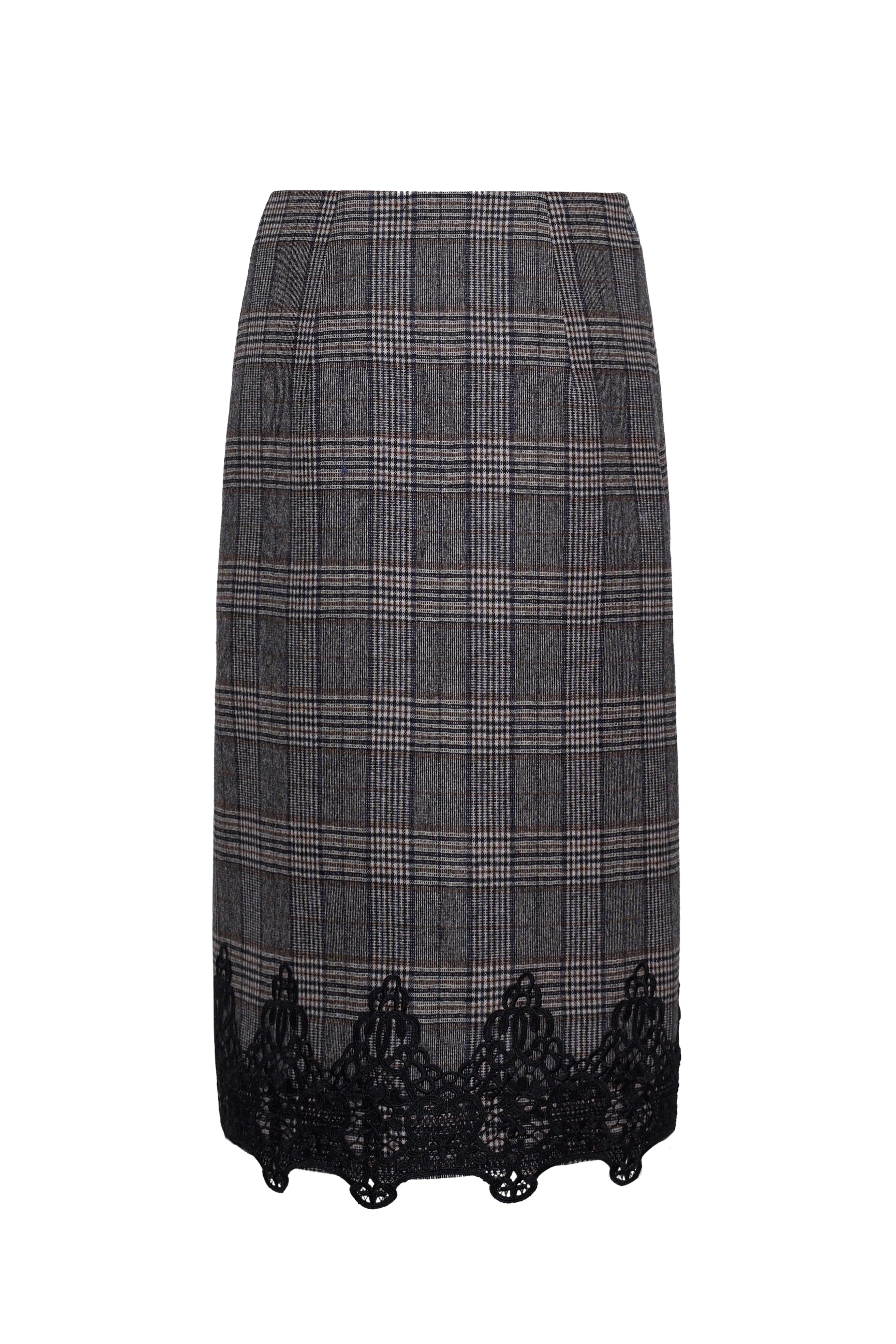 A gray and black plaid skirt with a black lace hem, shown against a plain white background.