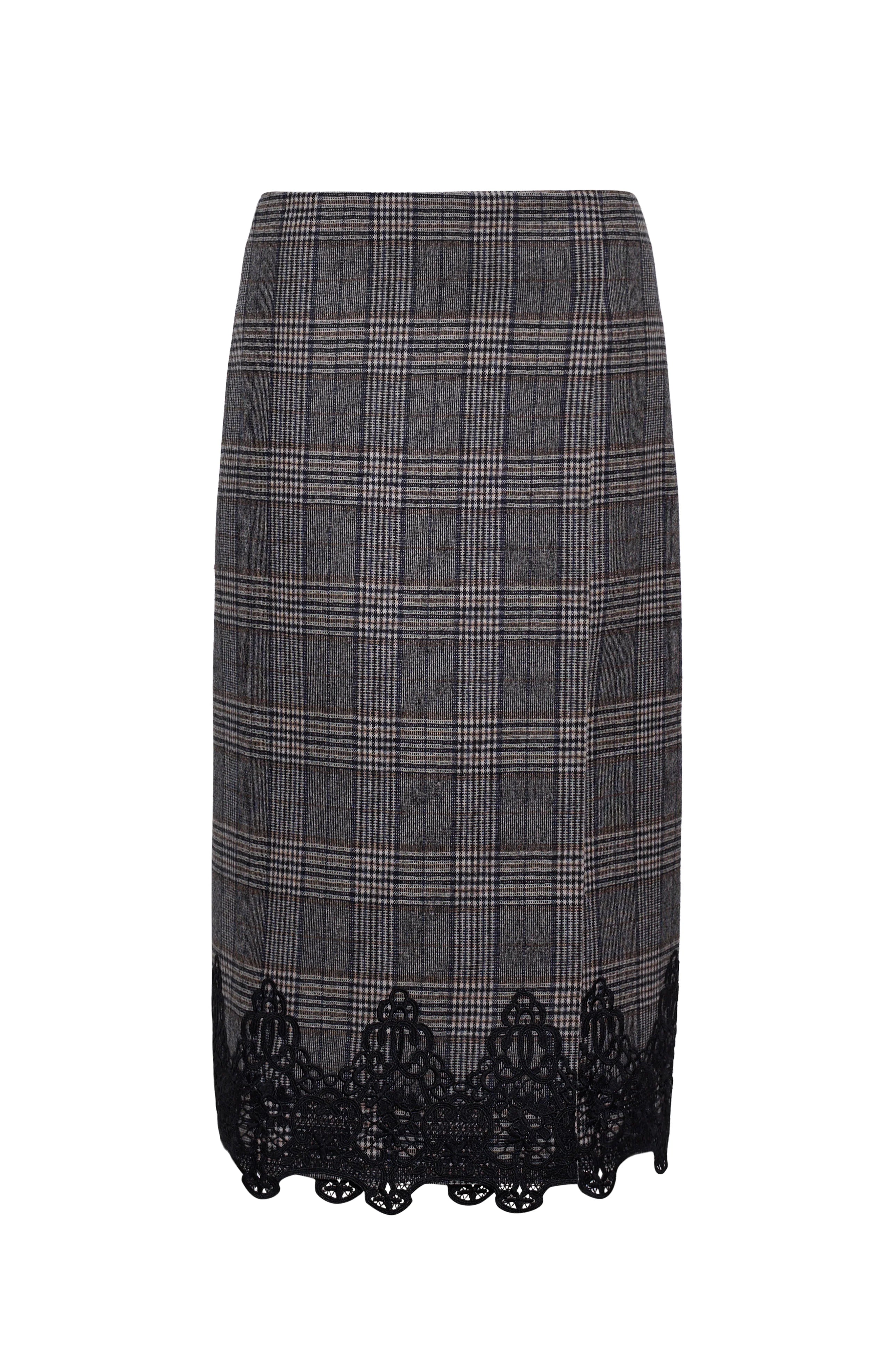 A gray and black plaid pencil skirt with a black lace hem, shown against a plain white background.