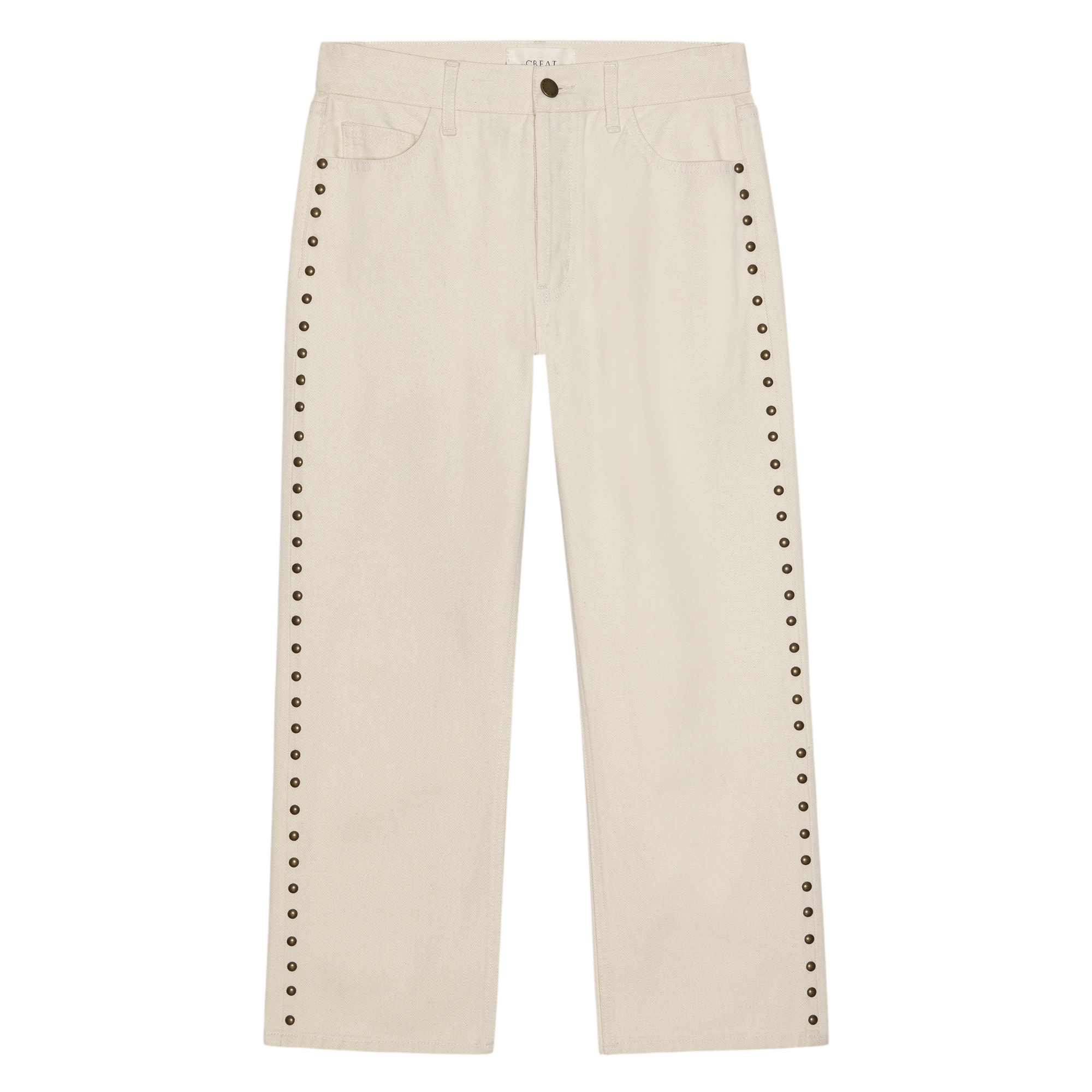 Beige pants with decorative studs on a white background