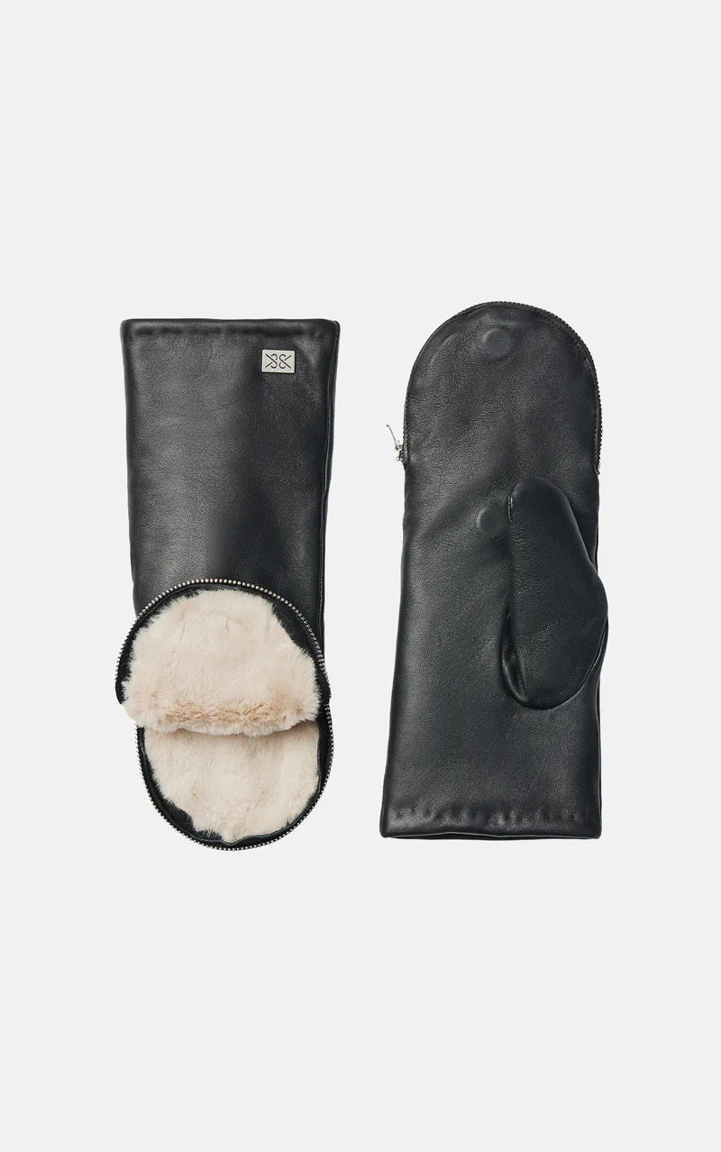 Soia & Kyo Black Leather and Fleece Lined Mittens