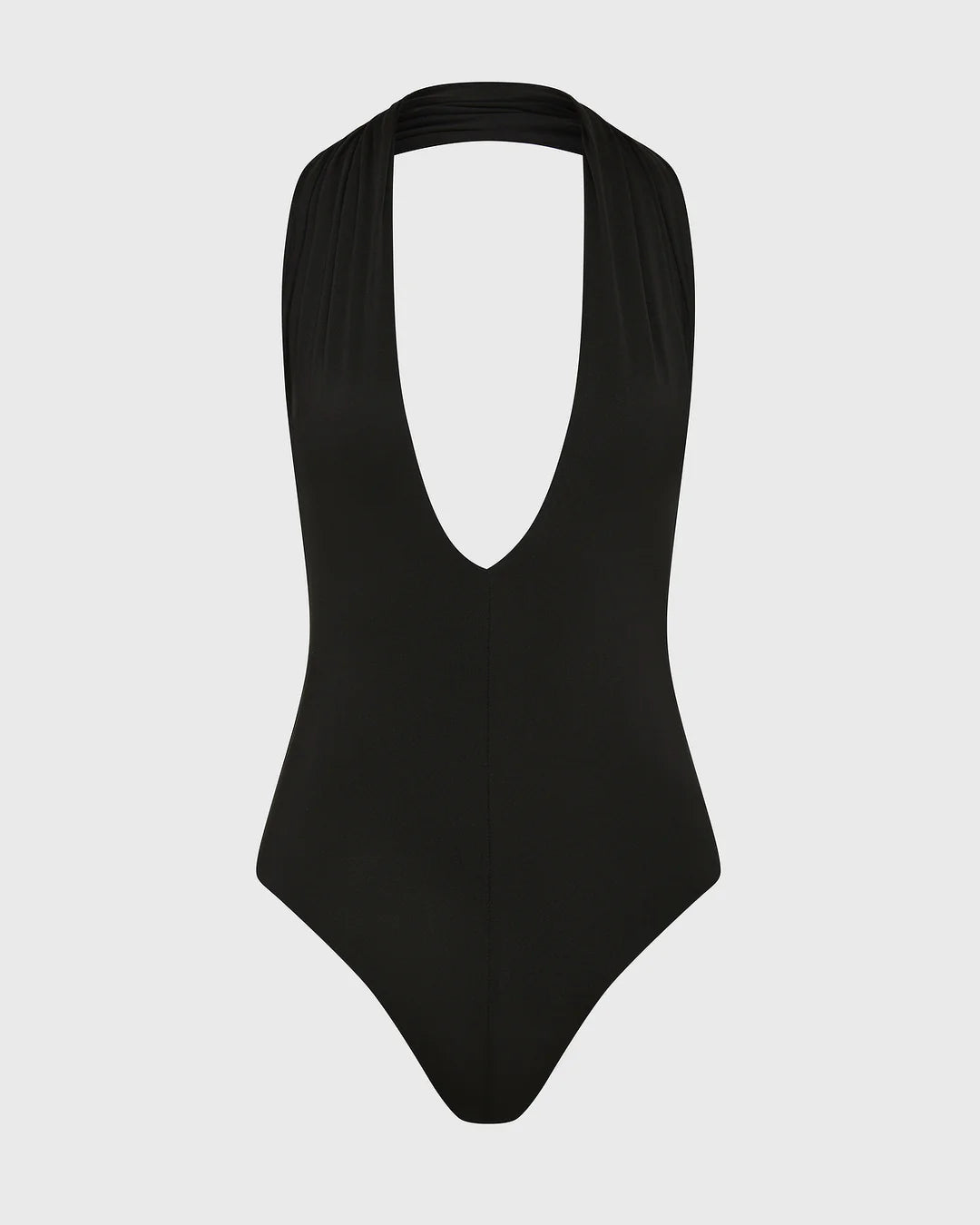 Black swimsuit on a light gray background